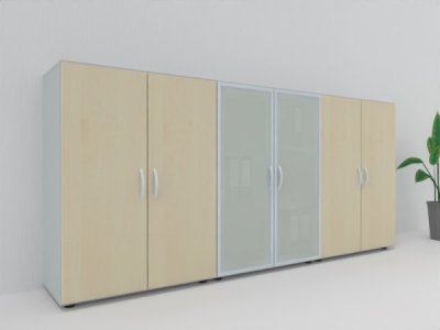 Büro Schrankwand MA1 3-teilig 240 cm breit 110,4 cm hoch Korpus Lichtgrau Türen Ahorn